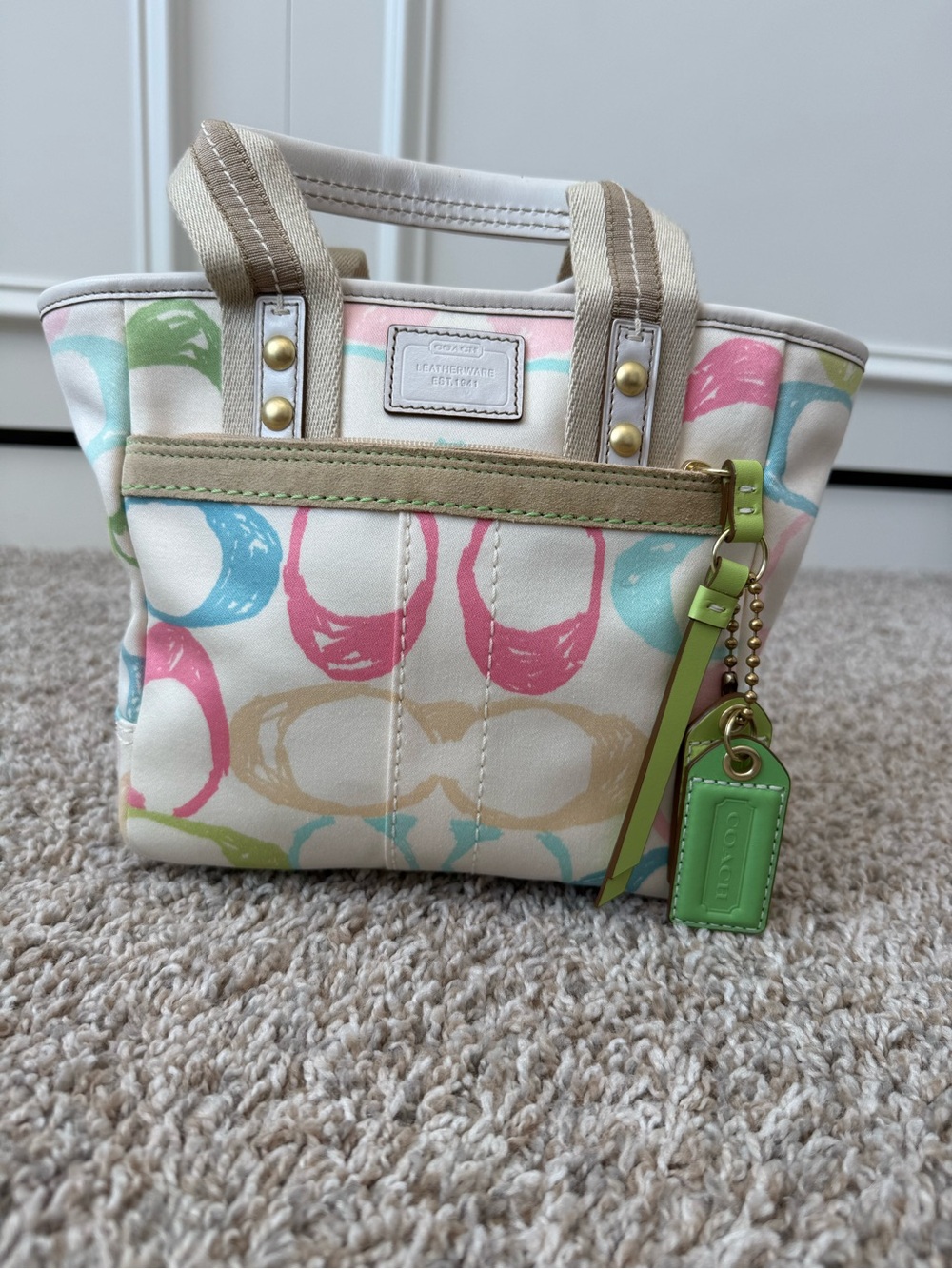 Coach Multicolor Circle Print Mini Tote with Green Tag
